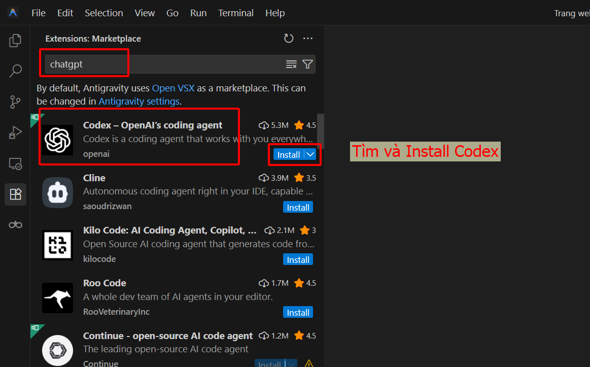 Cài đặt extension Codex từ Marketplace